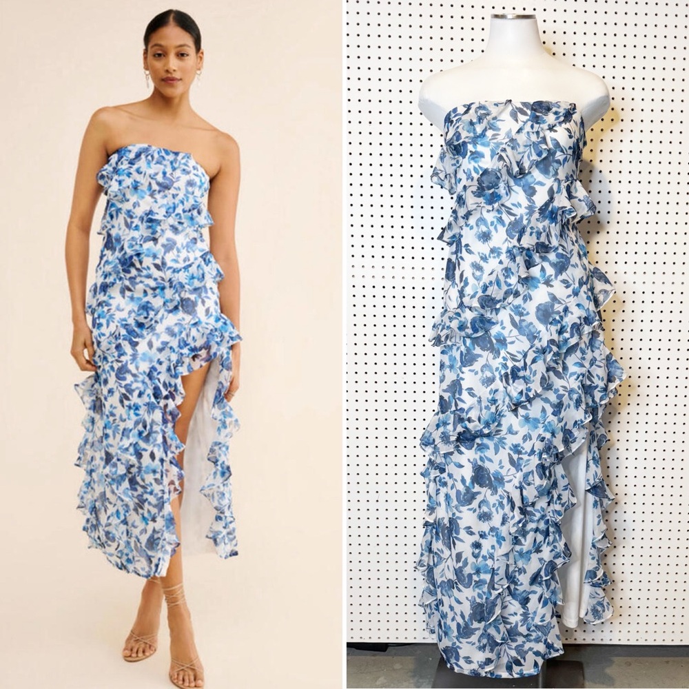 BHLDN Blue Floral Strapless Dress